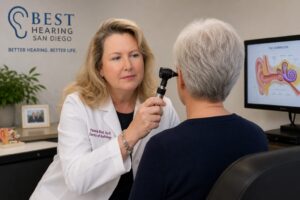 Dr. Pamela Best performing a tinnitus and hearing evaluation on a patient at Best Hearing San Diego