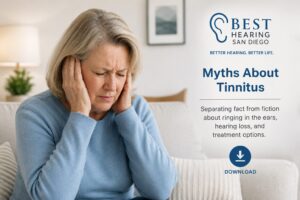 Older woman experiencing ringing in the ears and tinnitus symptoms featured in a Myths