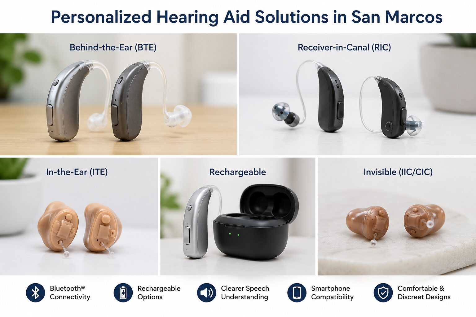 Personalized hearing aid solutions featuring behind-the-ear, in-the-ear, rechargeable, Bluetooth, and invisible hearing aids