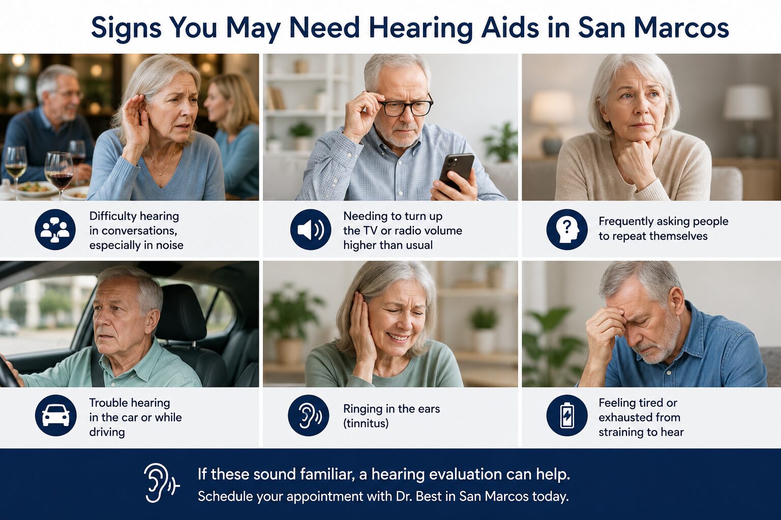 Signs you may need hearing aids including difficulty hearing conversations, increasing TV volume, and hearing clearly in noise.