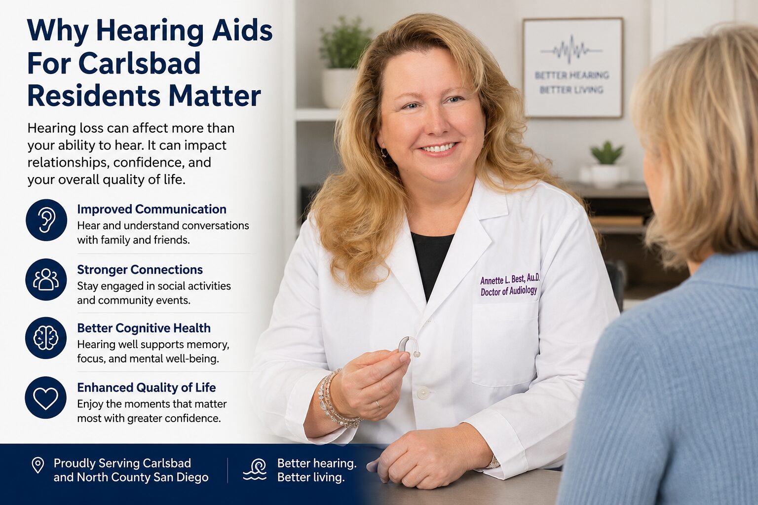 Dr. Best discussing hearing aid solutions with a Carlsbad patient during a personalized hearing consultation