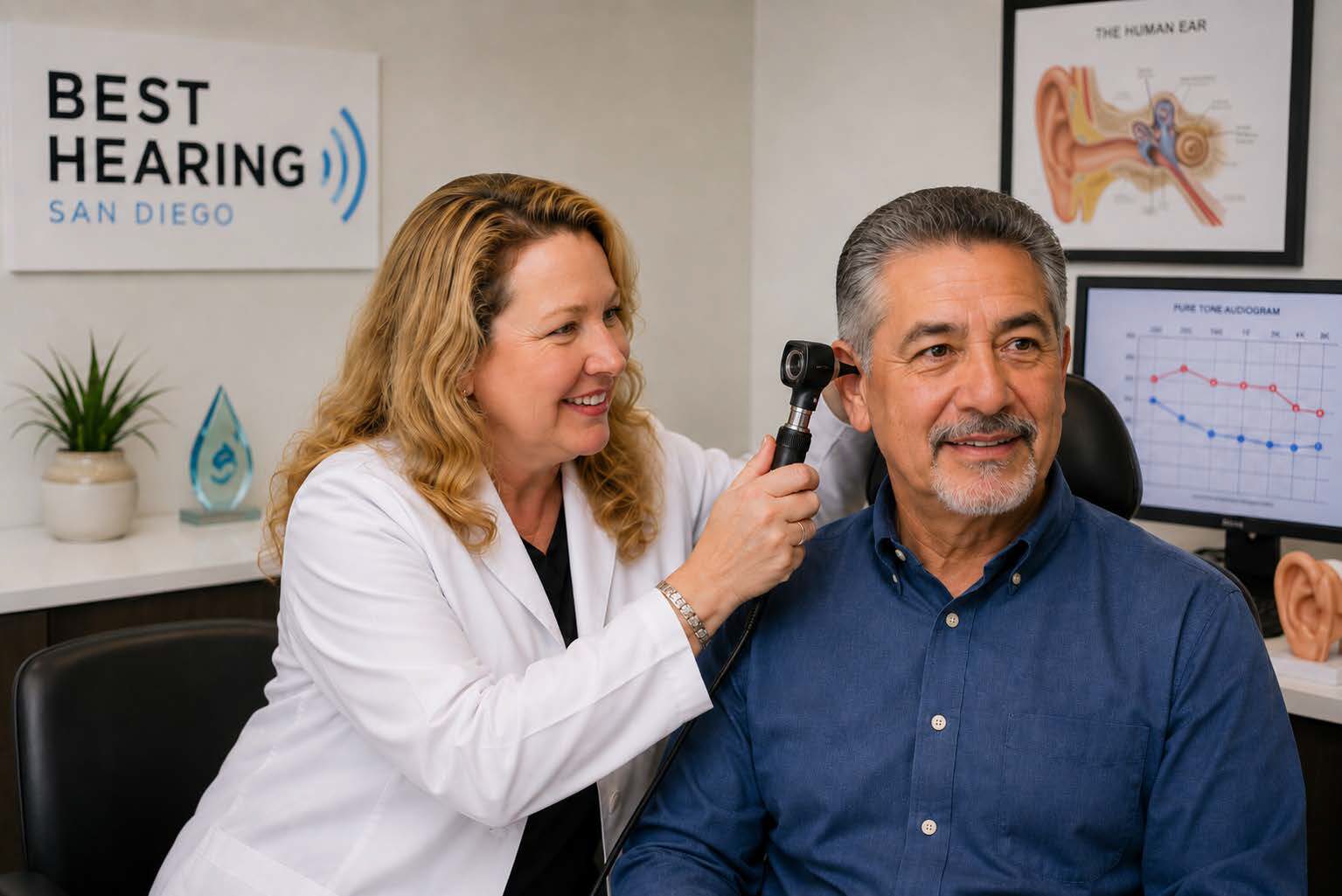 Audiologist performing a hearing evaluation on an older adult patient in a modern hearing clinic serving Escondido, California.